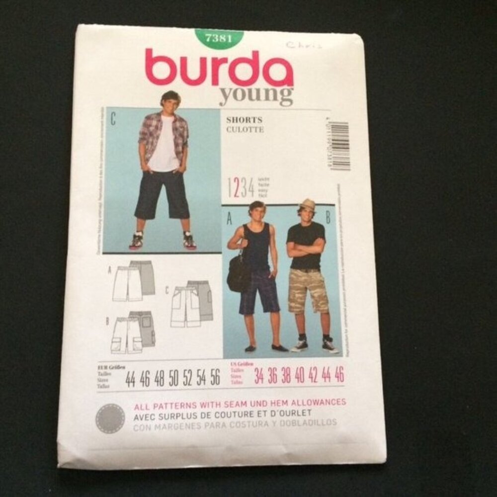 Burda 7381 Mens Teen Unisex Cargo Shorts Sewing Pattern Uncut US Sizes 34-46
